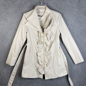 KENAR Ruffle Front Belted 12-Button Ivory Trench Coat Womens Small
